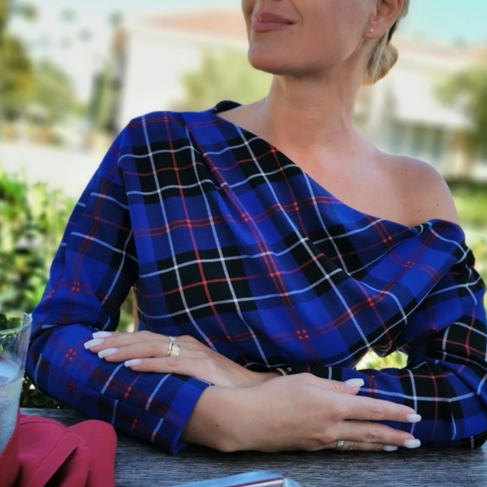 Zara Asymmetrical Shoulder Plaid Top
